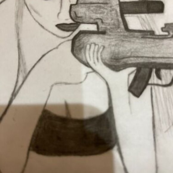 Sketch of Sexy Woman With Machine Gun - Buyers Choice of Frame and Finish - Picture 2 of 3